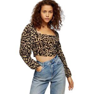 Topshop Animal Print Long Sleeve Crop Top Square Neck Size 6 Brown Black